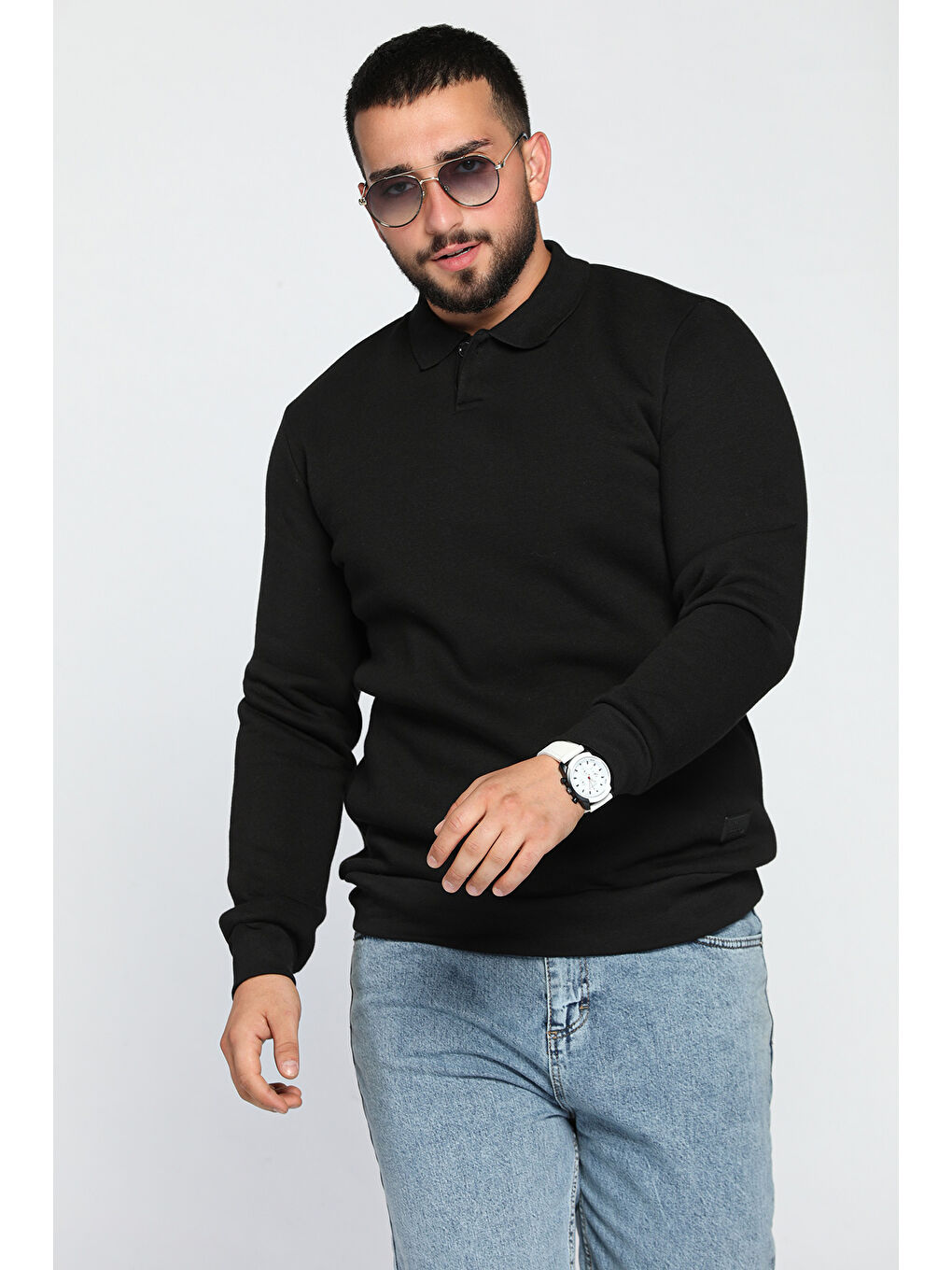 Mishar İtalia Siyah Erkek Polo Yaka Şardonlu Üç İplik Sweatshirt