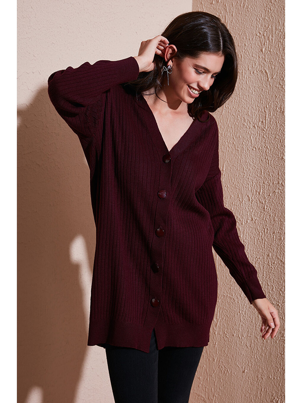 Bordo V Yaka Düğmeli Uzun Triko Kadın Hırka 4616040Y-2
