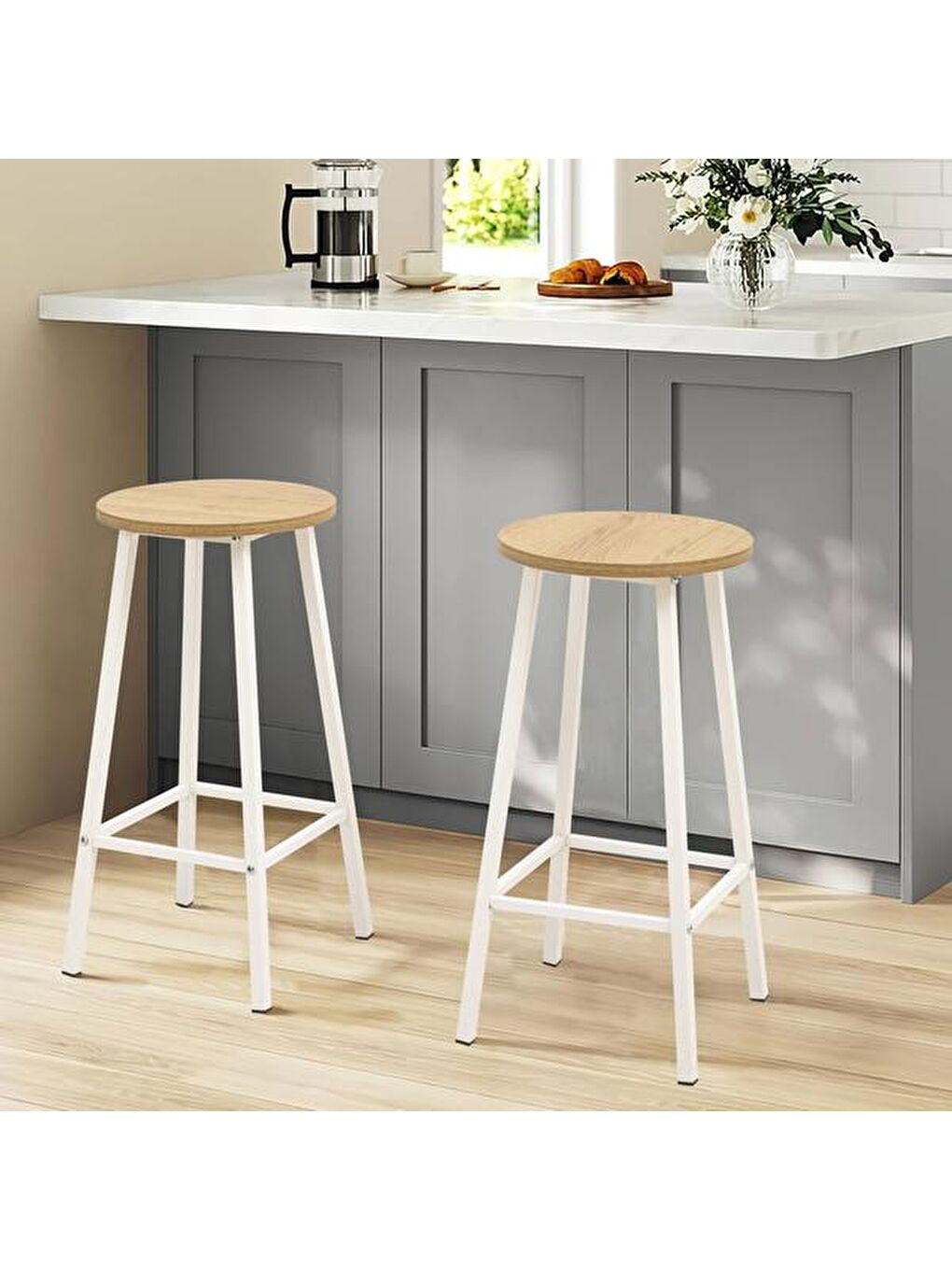 Kahverengi 2 Tabureli Bar Masası Seti - Karina Meşe / Beyaz - 100 cm-5