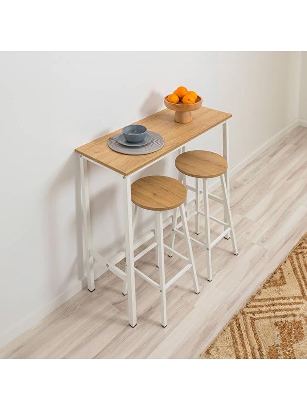 Kahverengi 2 Tabureli Bar Masası Seti - Karina Meşe / Beyaz - 100 cm-6
