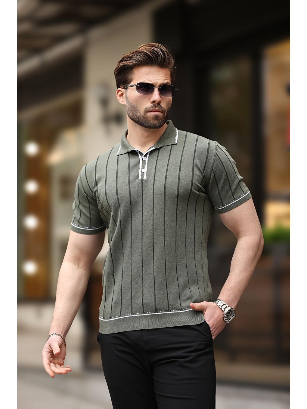 Haki Düğmeli Polo Yaka Triko Erkek Tişört E7408-1