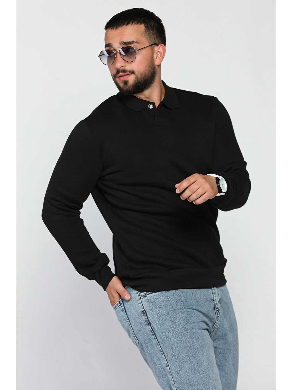 Mishar İtalia Siyah Erkek Polo Yaka Şardonlu Üç İplik Sweatshirt - 1