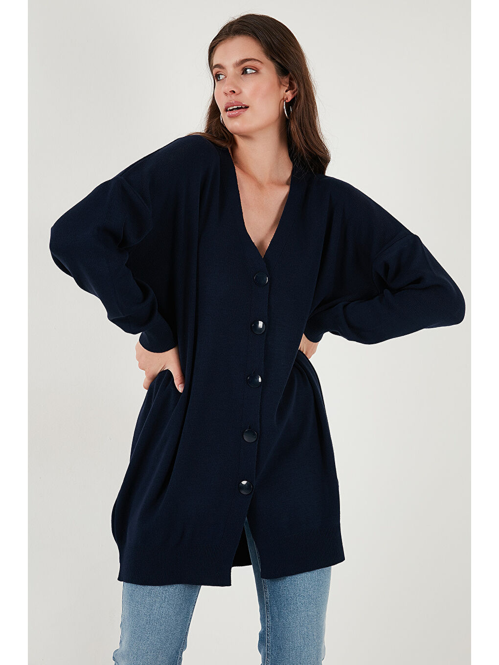 Lacivert V Yaka Düğmeli Triko Kadın Hırka 4616031-5