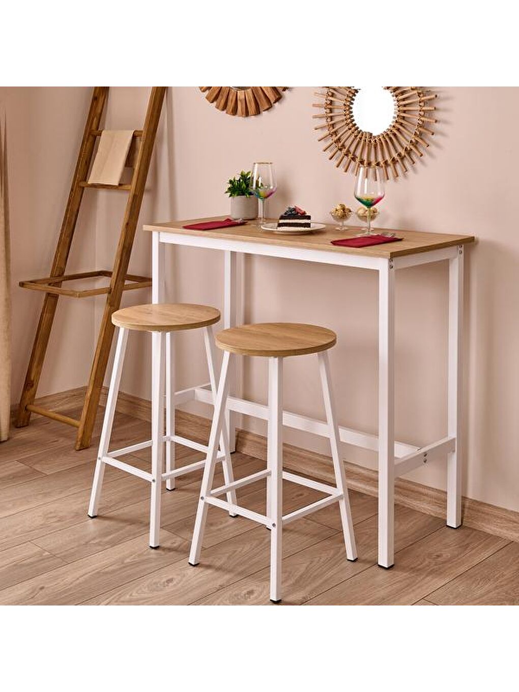 Kahverengi 2 Tabureli Bar Masası Seti - Karina Meşe / Beyaz - 100 cm-9