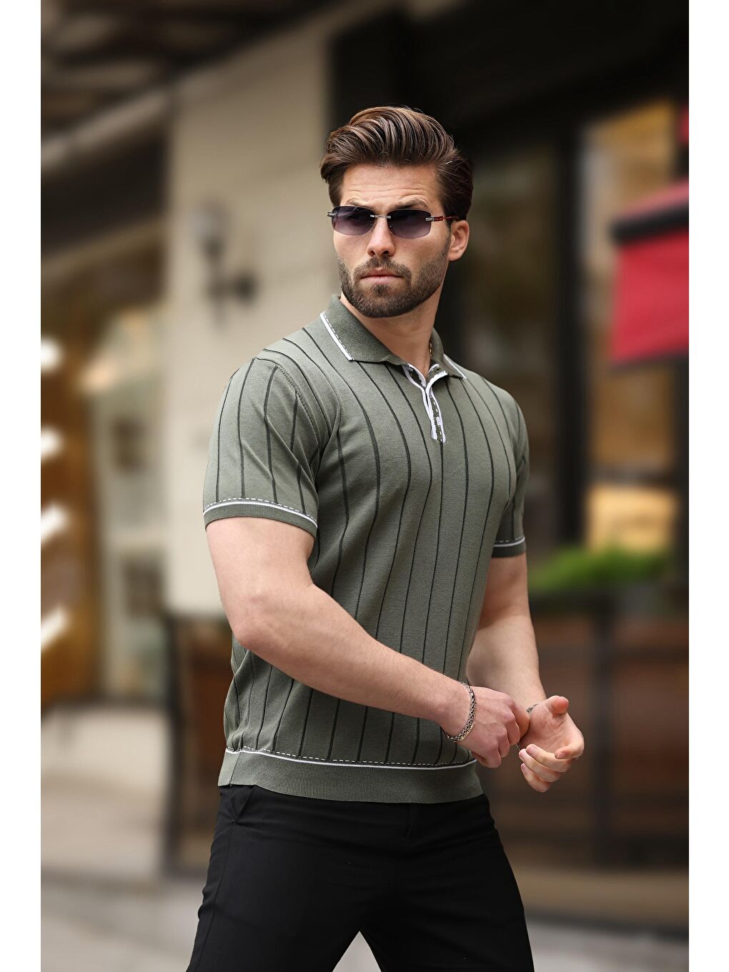 Haki Düğmeli Polo Yaka Triko Erkek Tişört E7408-2