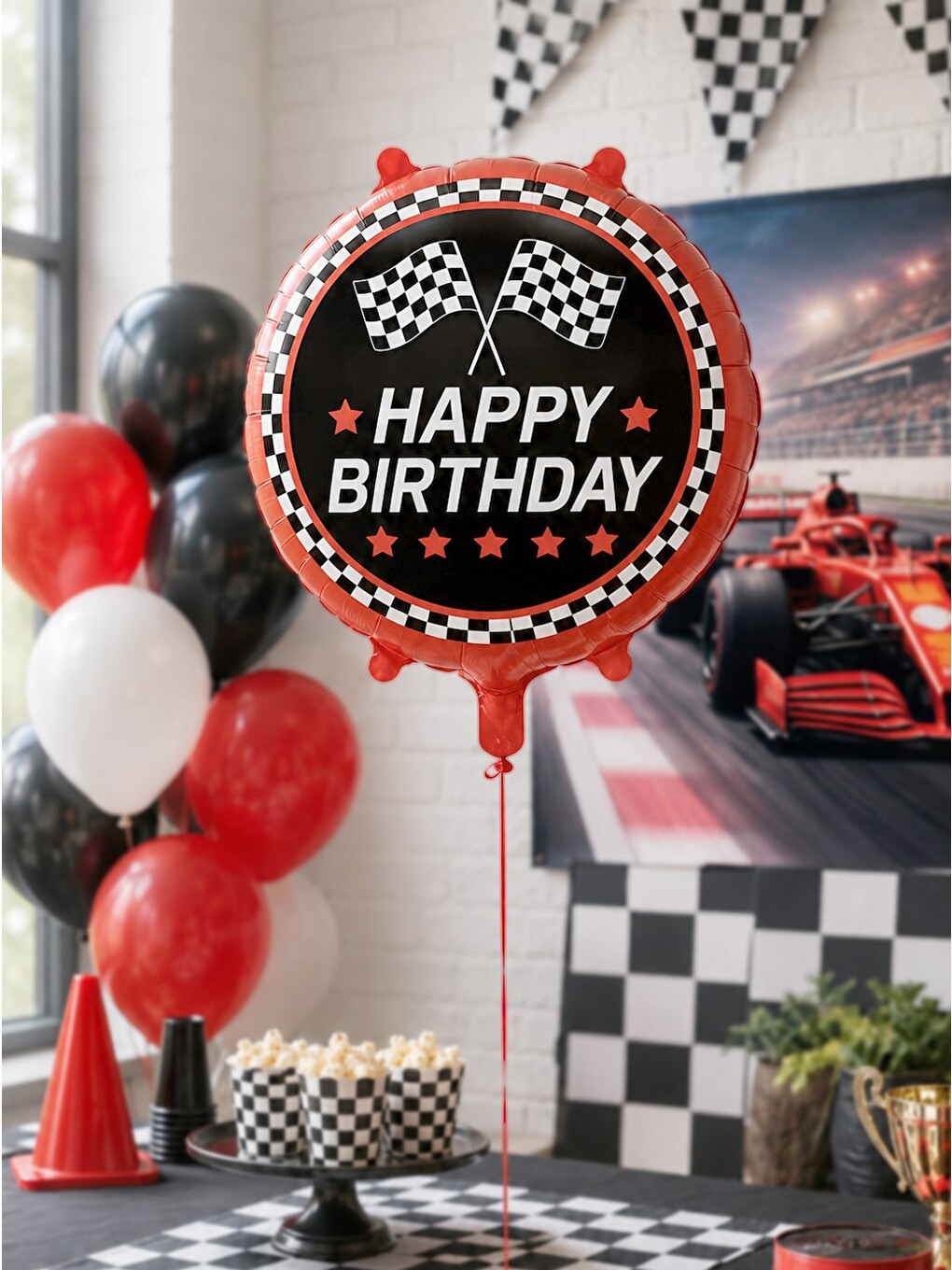 Kırmızı Formula Yarış Temalı Happy Birthday Folyo Balon – Doğum Günü Süsü 45 cm