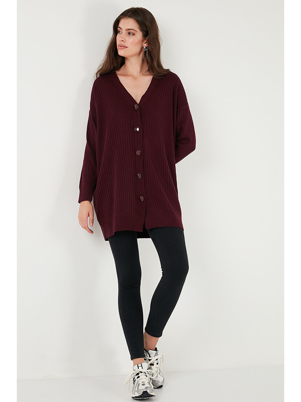 Bordo V Yaka Düğmeli Uzun Triko Kadın Hırka 4616040Y-3