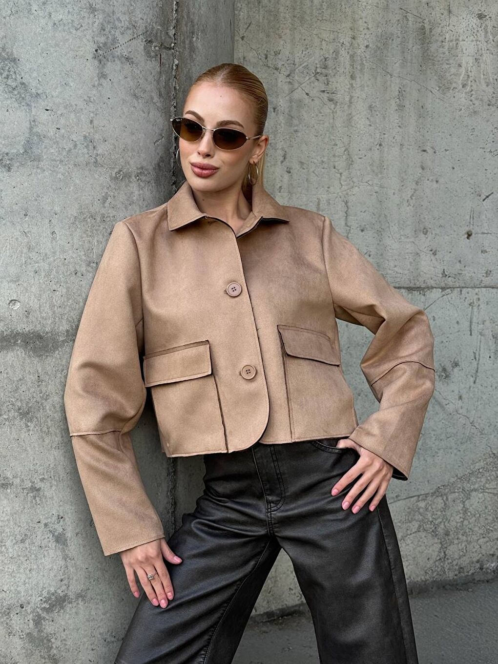 Bej Süet Düğmeli Ceket-2