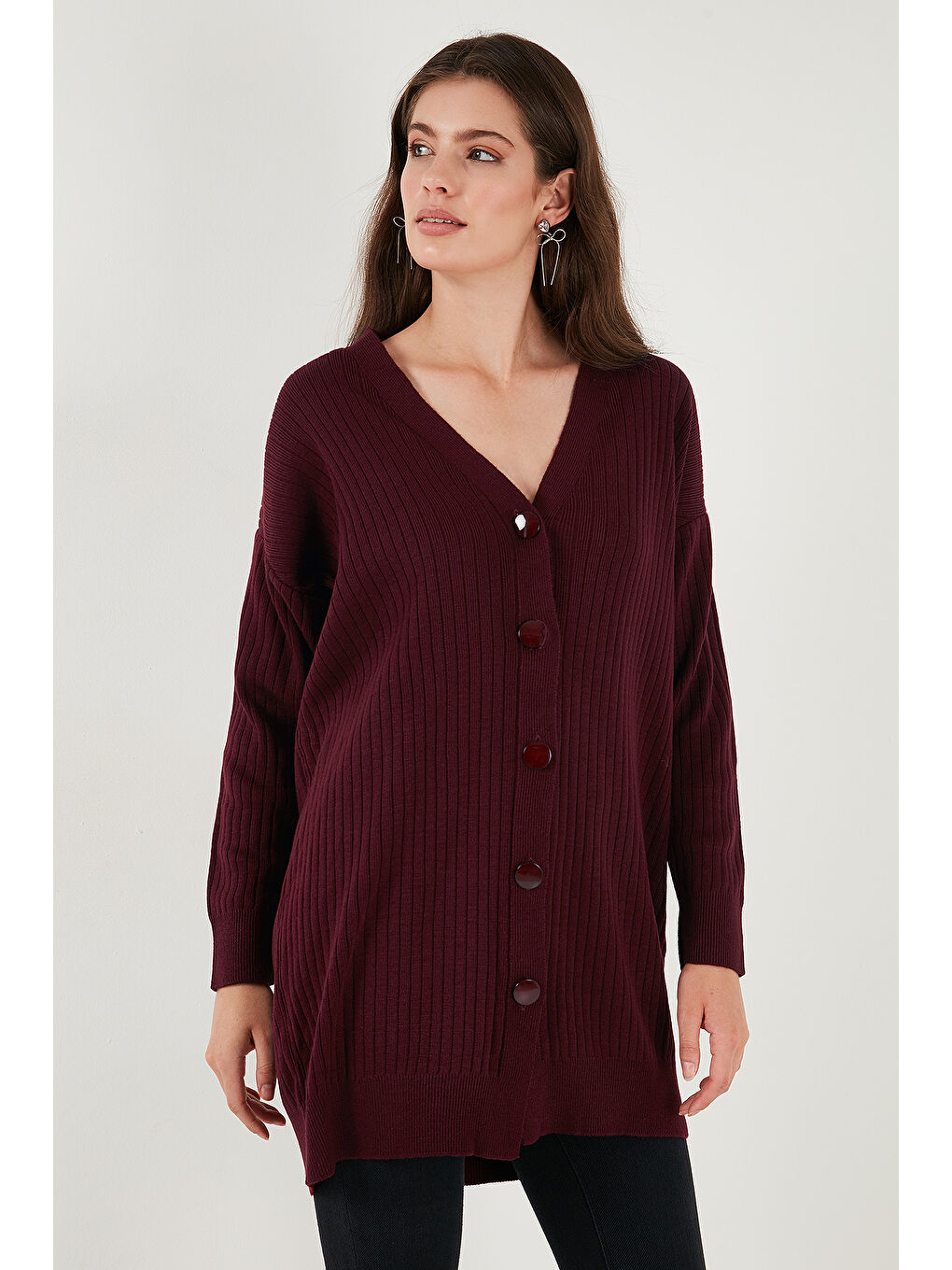 Bordo V Yaka Düğmeli Uzun Triko Kadın Hırka 4616040Y-4