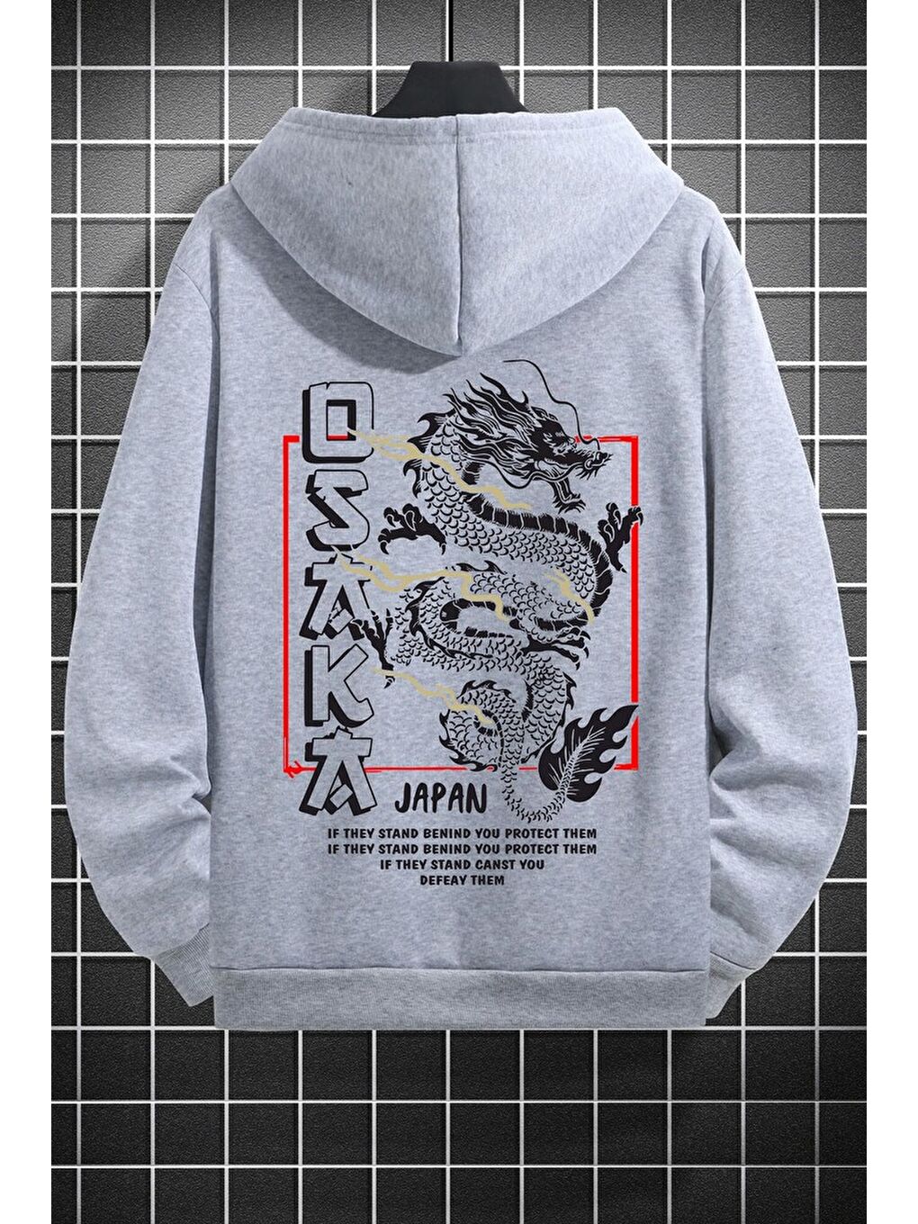 uyguntarz Gri Unisex Osaka Baskılı Kapüşonlu Sweatshirt