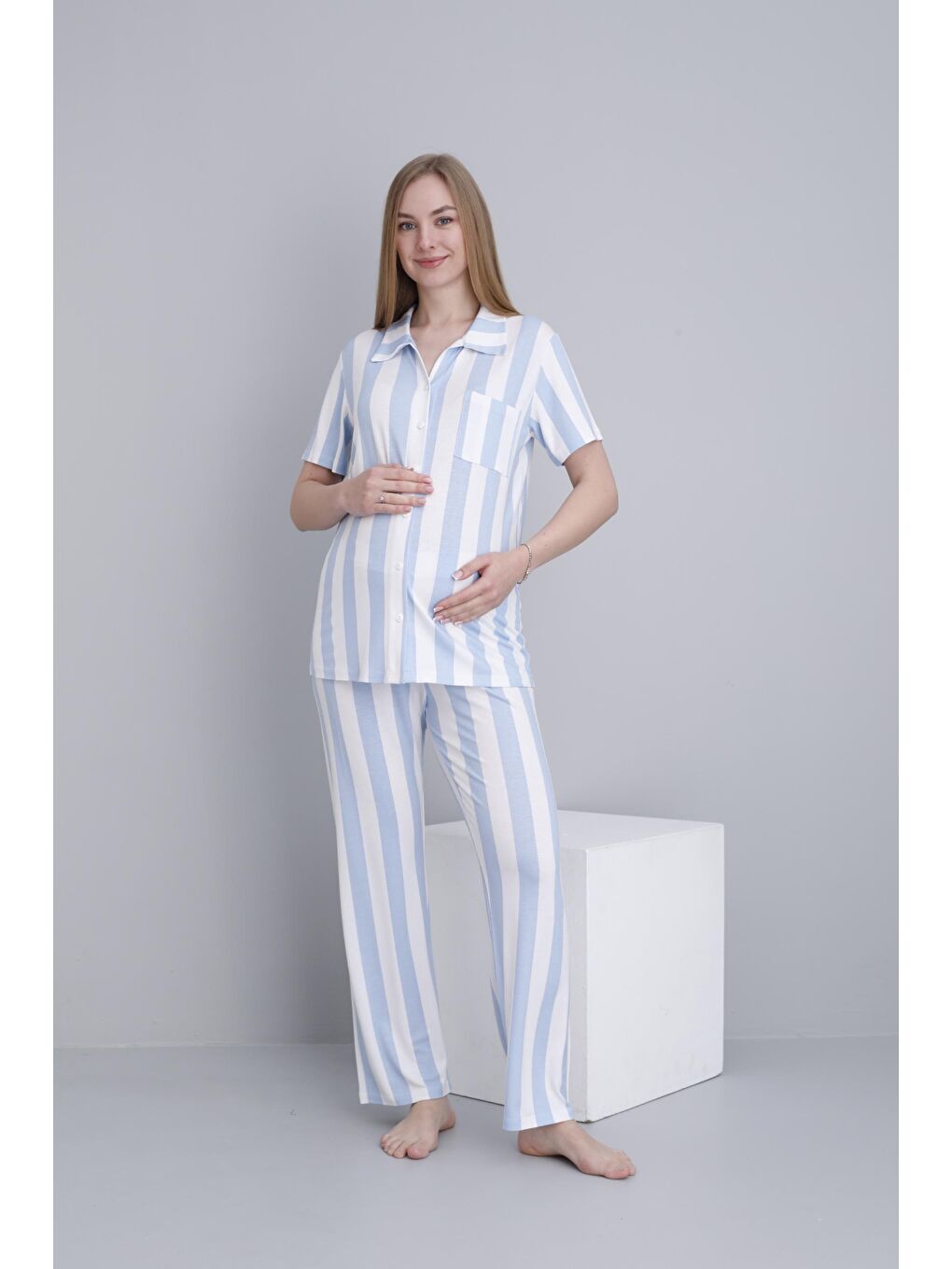 Mavi Önden Düğmeli Çizgili Kısa Kol Ayarlanabilir Bel Lastikli Hamile ve Lohusa Pijama Takımı-1