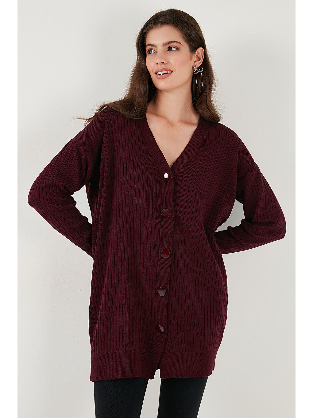 Bordo V Yaka Düğmeli Uzun Triko Kadın Hırka 4616040Y-5