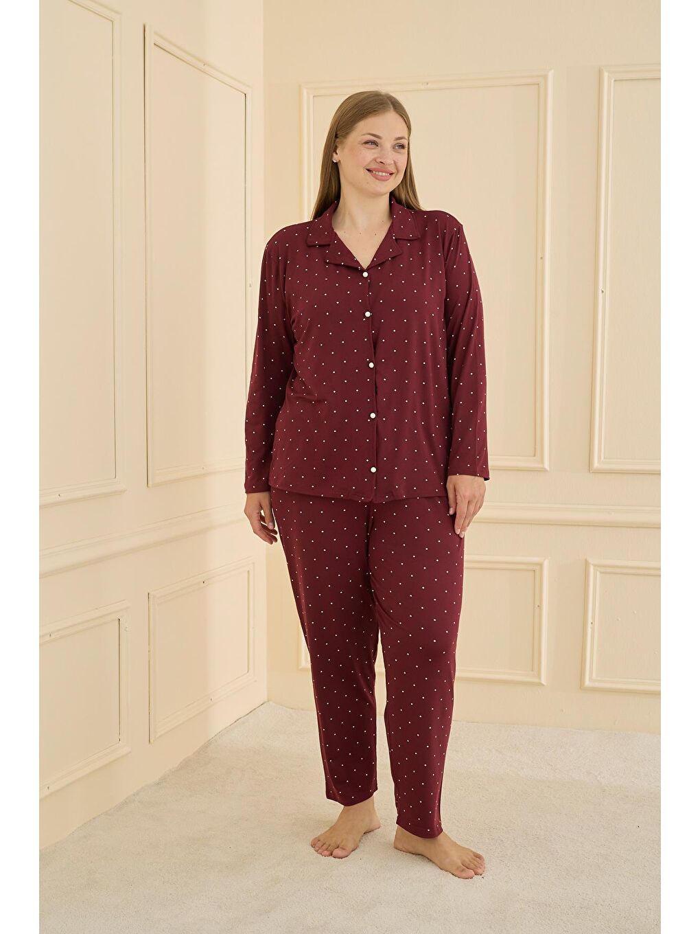 Kadın Milan Battal Önden Düğmeli Pijama Takımı | Bordo 50801-1917