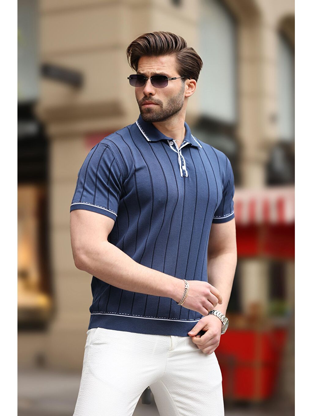 Lacivert Düğmeli Polo Yaka Triko Erkek Tişört E7408-2