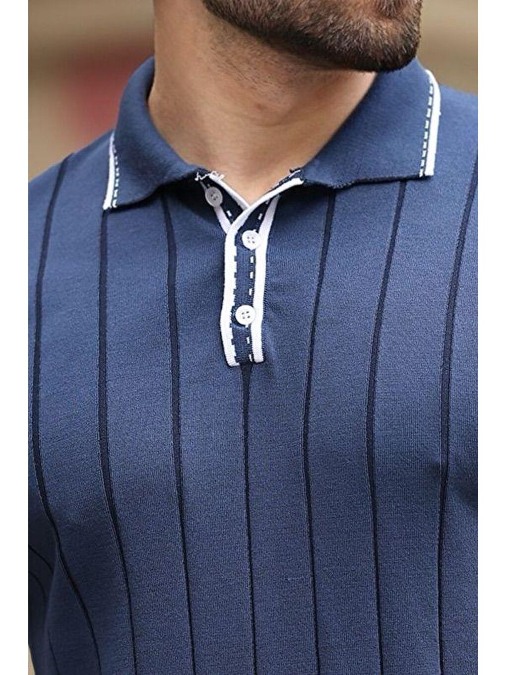 Lacivert Düğmeli Polo Yaka Triko Erkek Tişört E7408-3