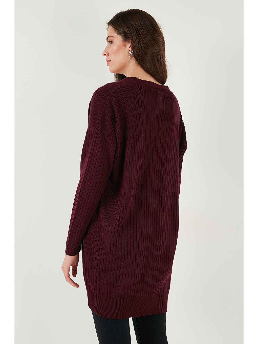 Bordo V Yaka Düğmeli Uzun Triko Kadın Hırka 4616040Y-6