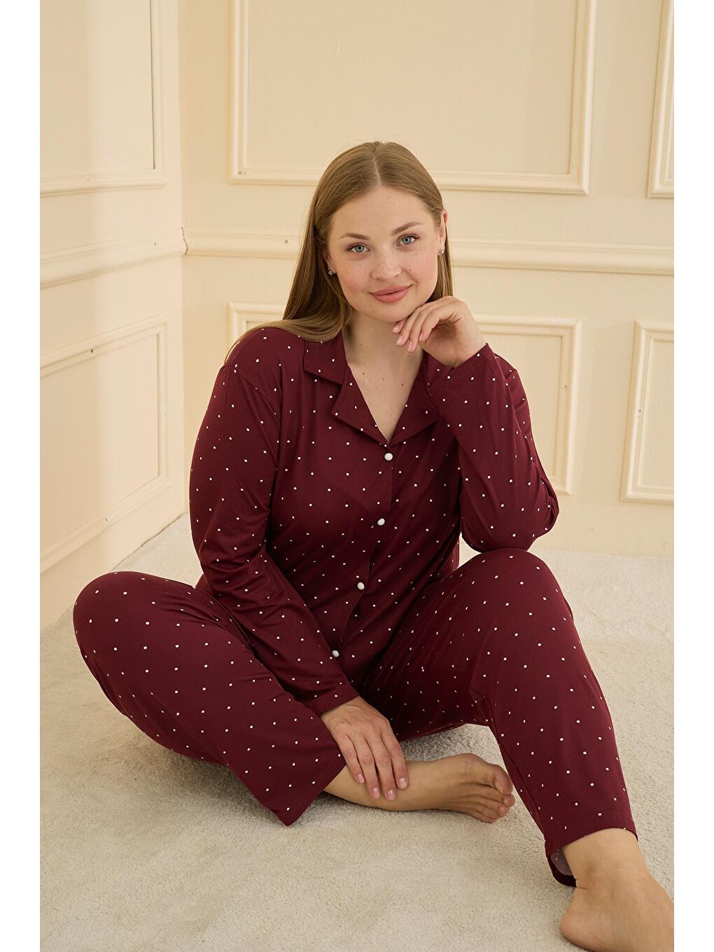 Kadın Milan Battal Önden Düğmeli Pijama Takımı | Bordo 50801-1917-1