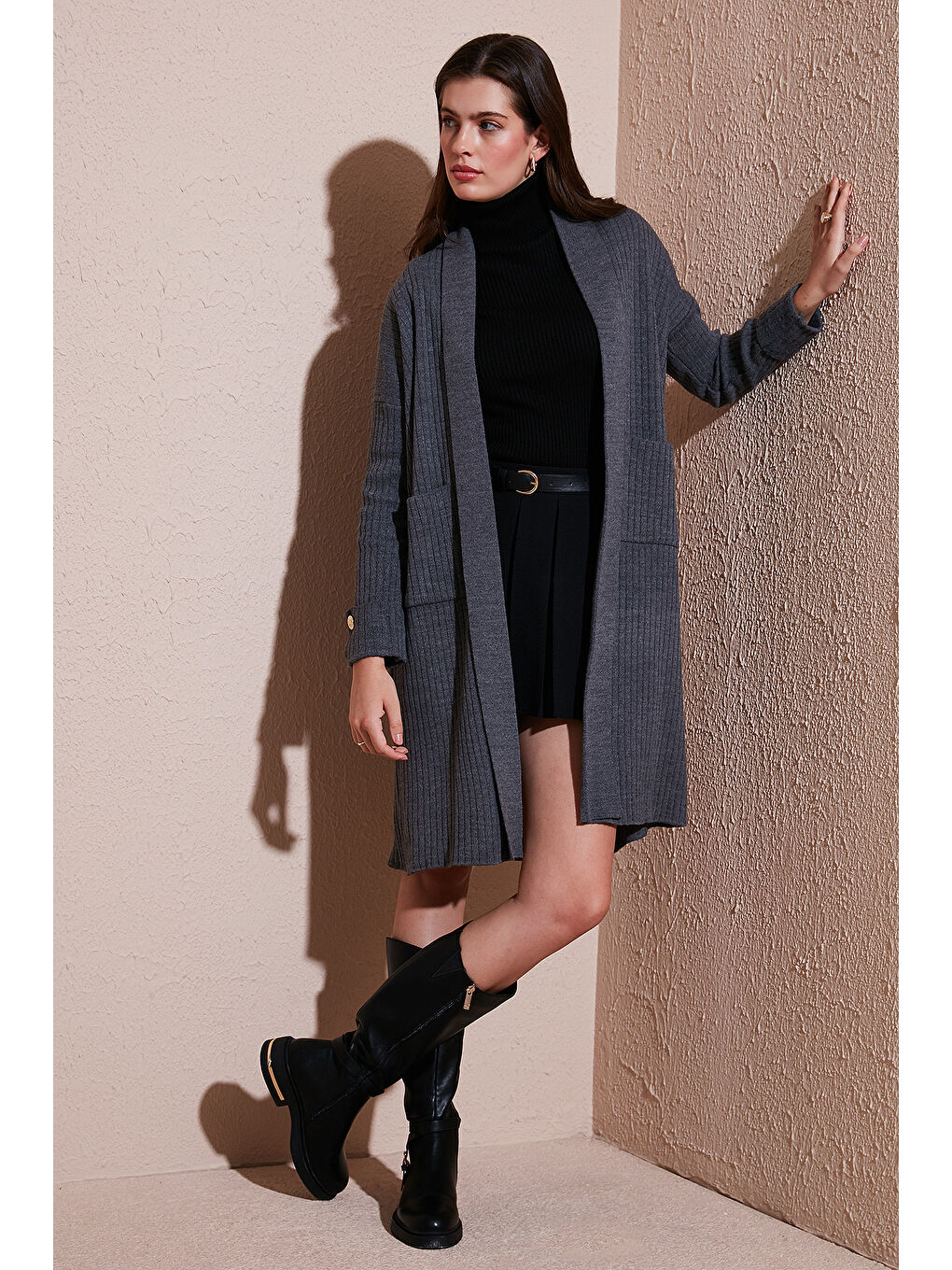 Antrasit % 100 Akrilik Triko Örme Uzun Kadın Hırka 4615212