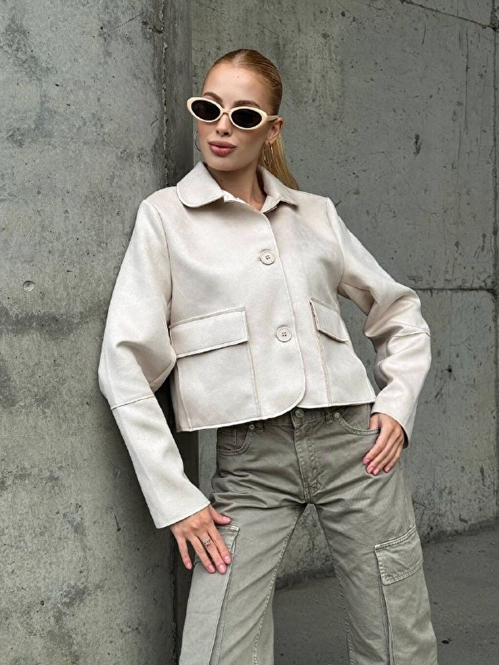 Ekru Süet Düğmeli Ceket-3