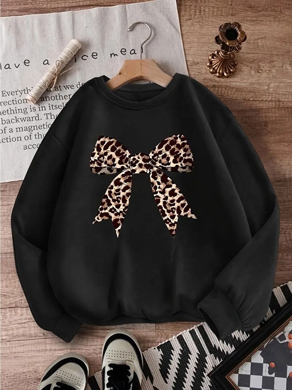 Siyah Leopar Fiyonk Baskılı 3Üç İplik Oversize Sweatshirt