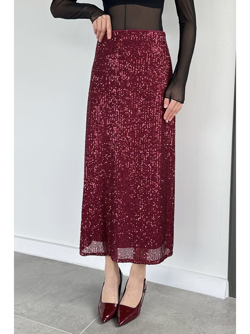 Kırmızı Kadın Bel Lastikli İç Astarlı Pul Payet Etek-2