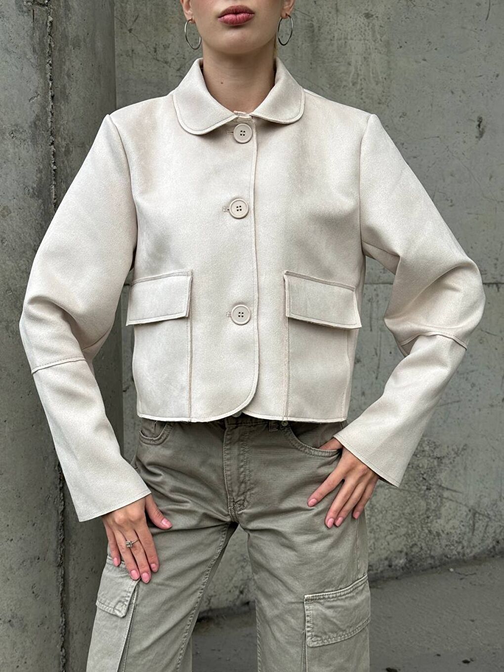 Ekru Süet Düğmeli Ceket-4