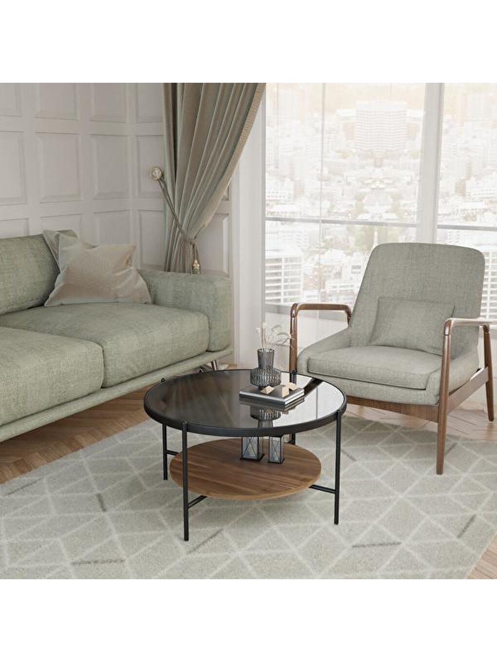 Kahverengi Füme Camlı Orta Sehpa - Ceviz / Siyah