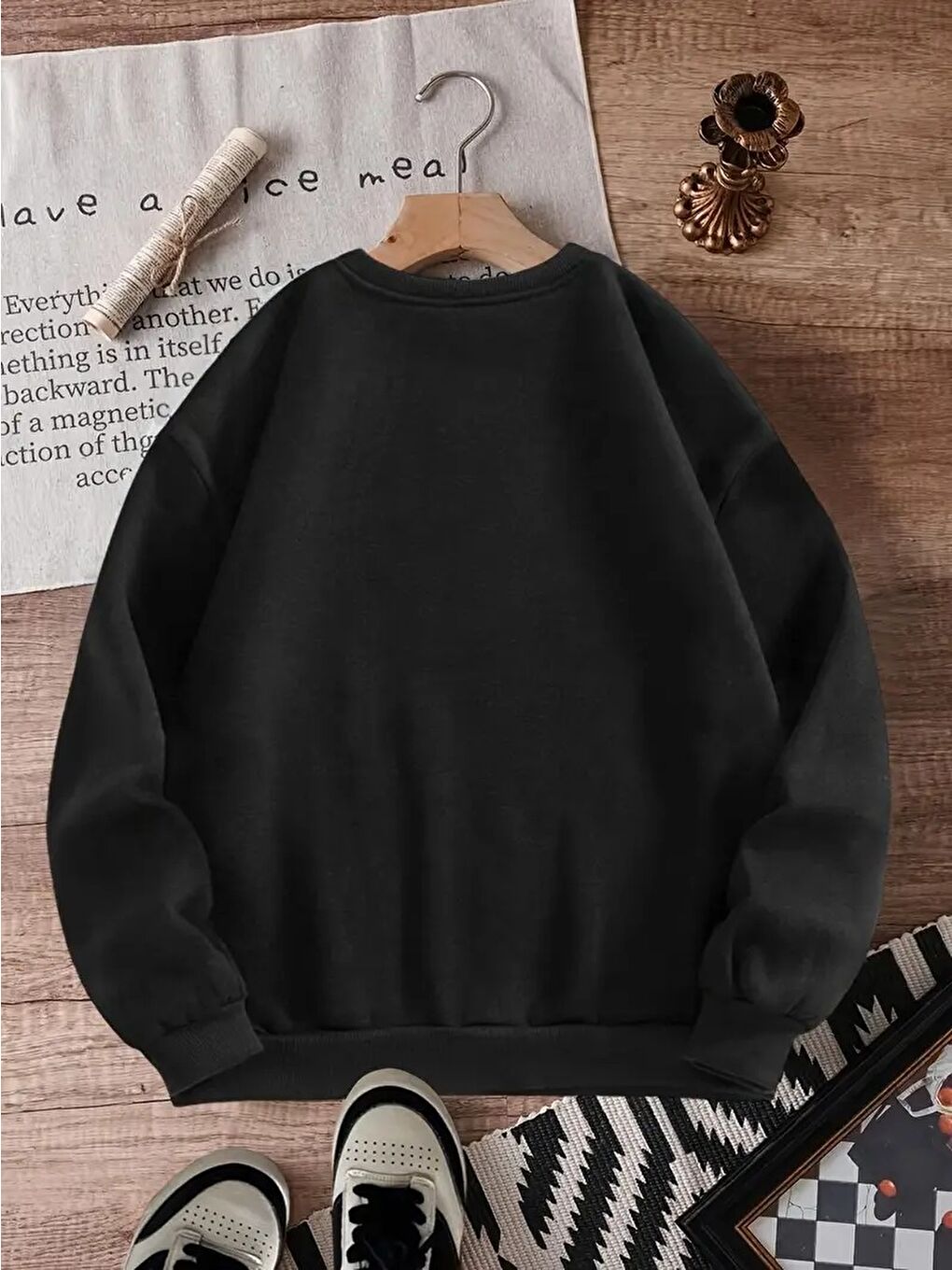 Siyah Leopar Fiyonk Baskılı 3Üç İplik Oversize Sweatshirt-1