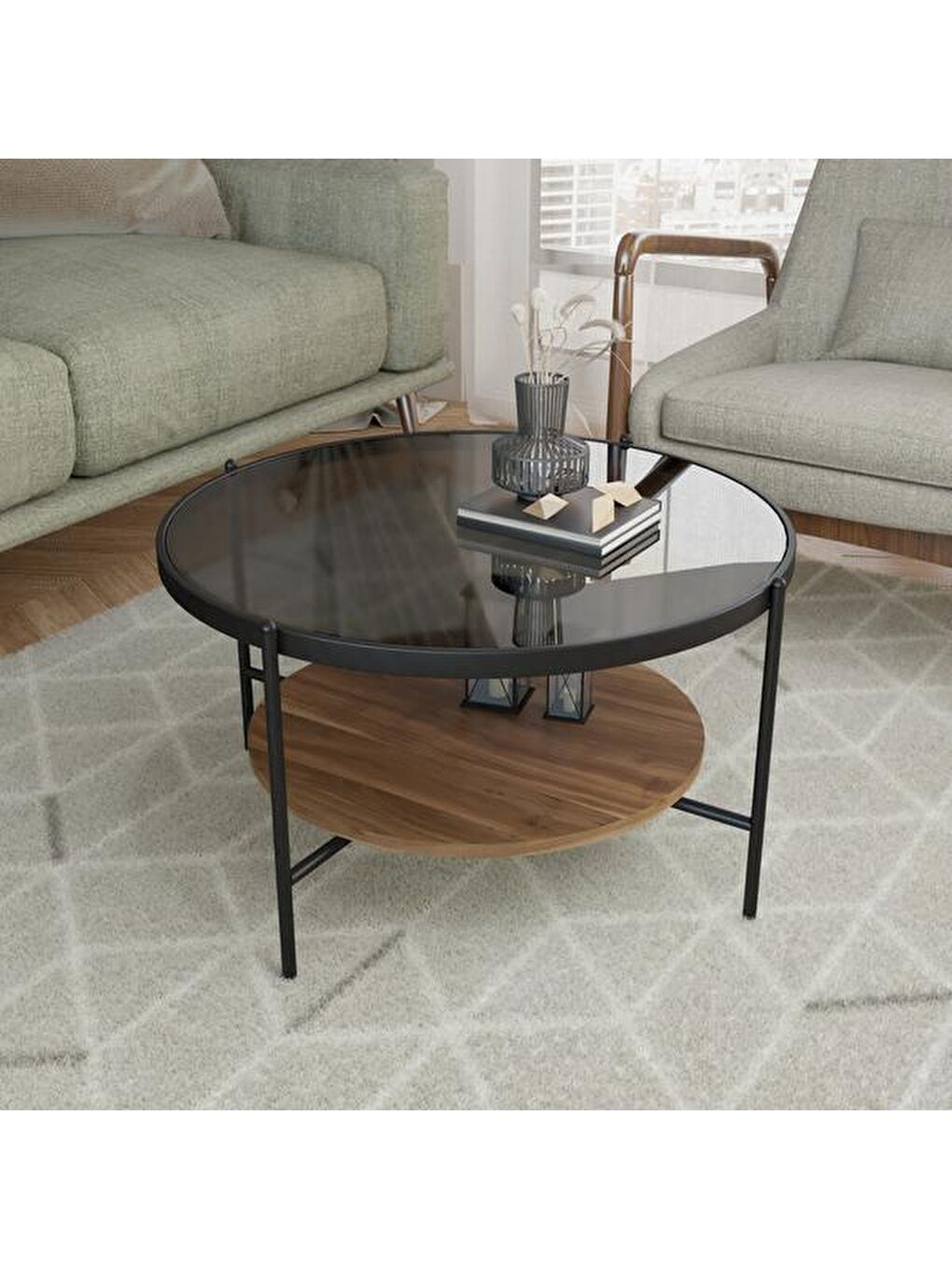 Kahverengi Füme Camlı Orta Sehpa - Ceviz / Siyah-3