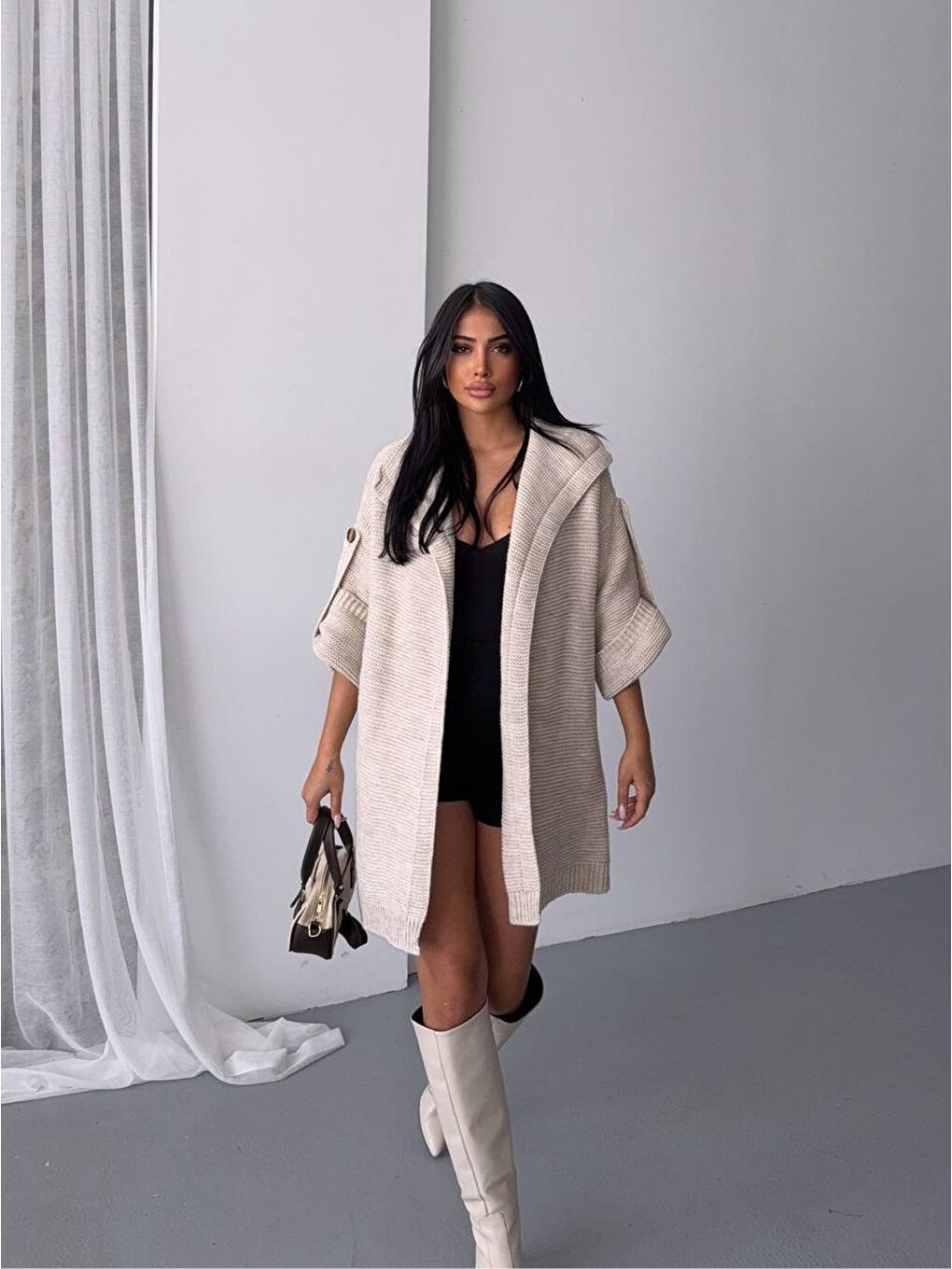 Ekru Kol Detay Triko Hırka