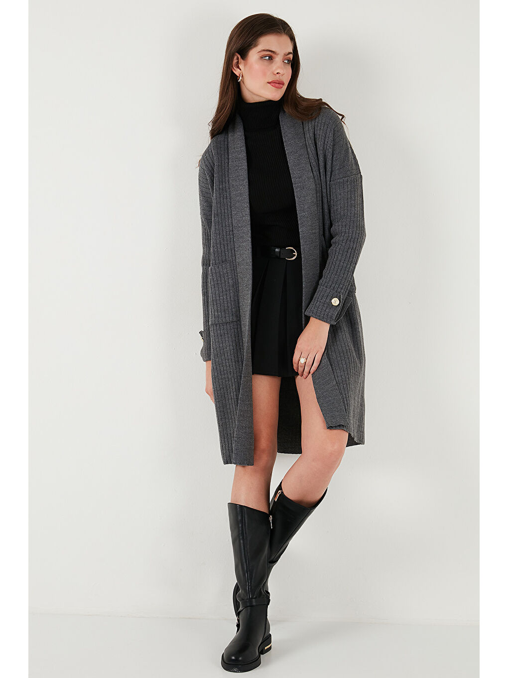 Antrasit % 100 Akrilik Triko Örme Uzun Kadın Hırka 4615212-1