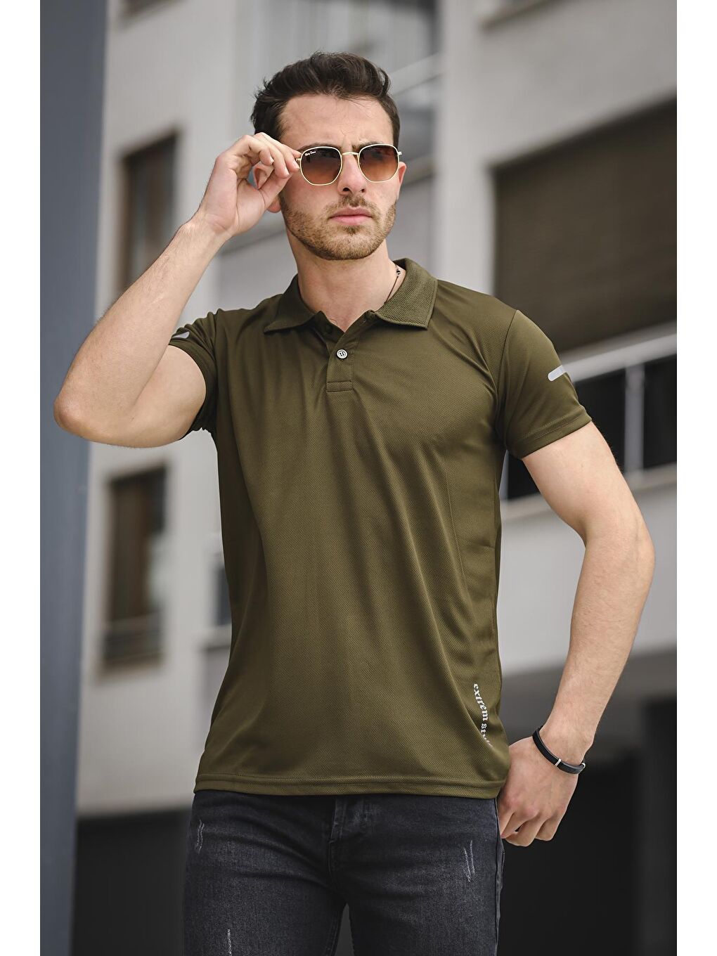 Haki Este Mikro Slim Fit Polyester Performans Antrenman Erkek Polo Yaka Tişört