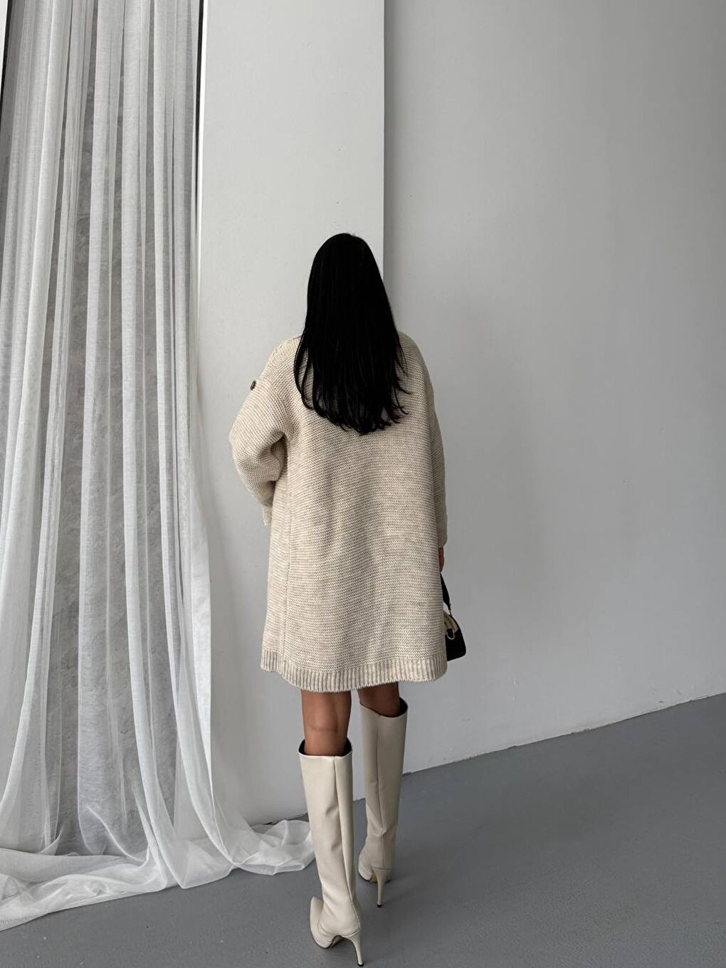 Ekru Kol Detay Triko Hırka-3