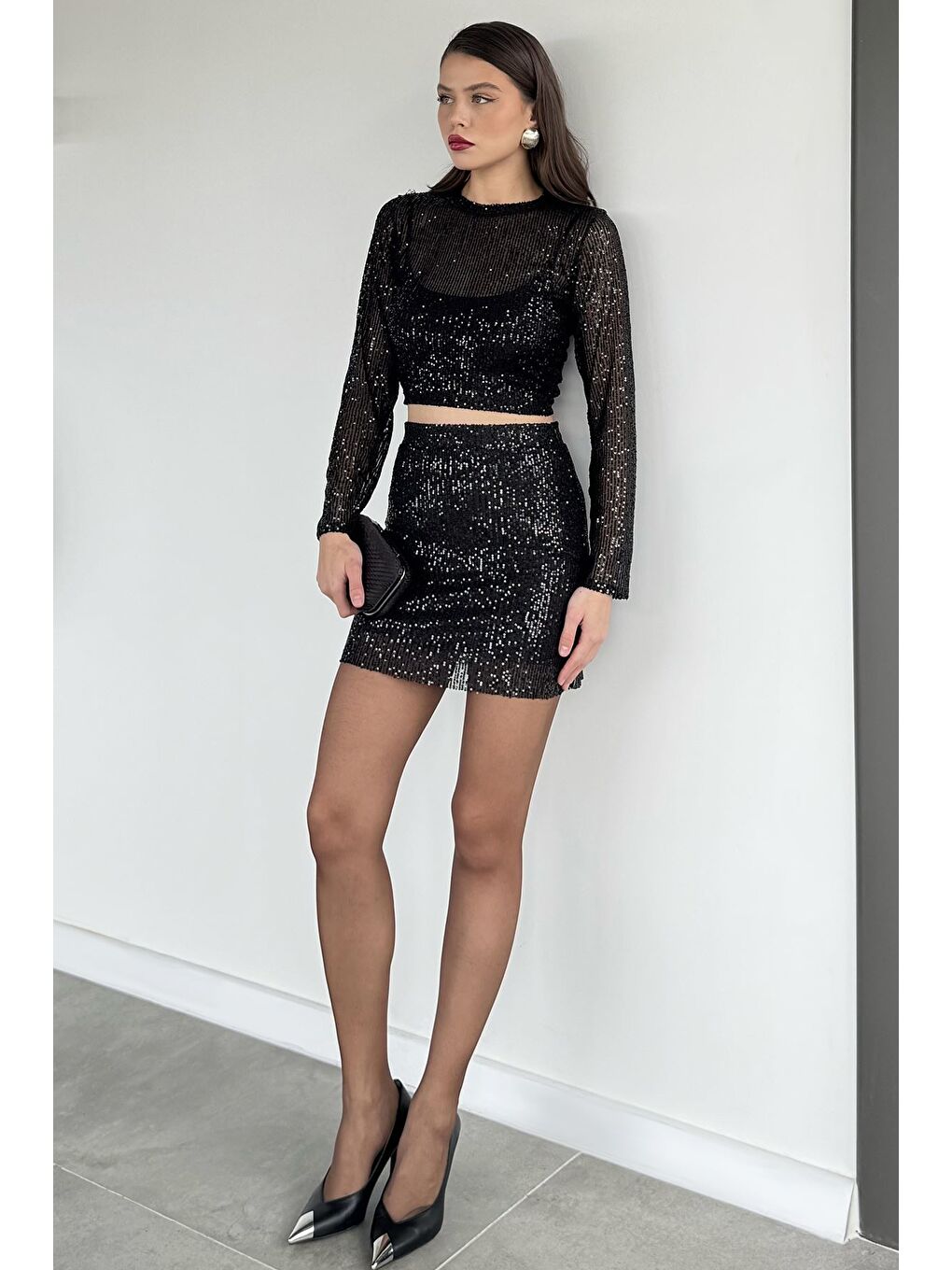 Siyah Kadın İç Astarlı Pul Payet Mini Etek