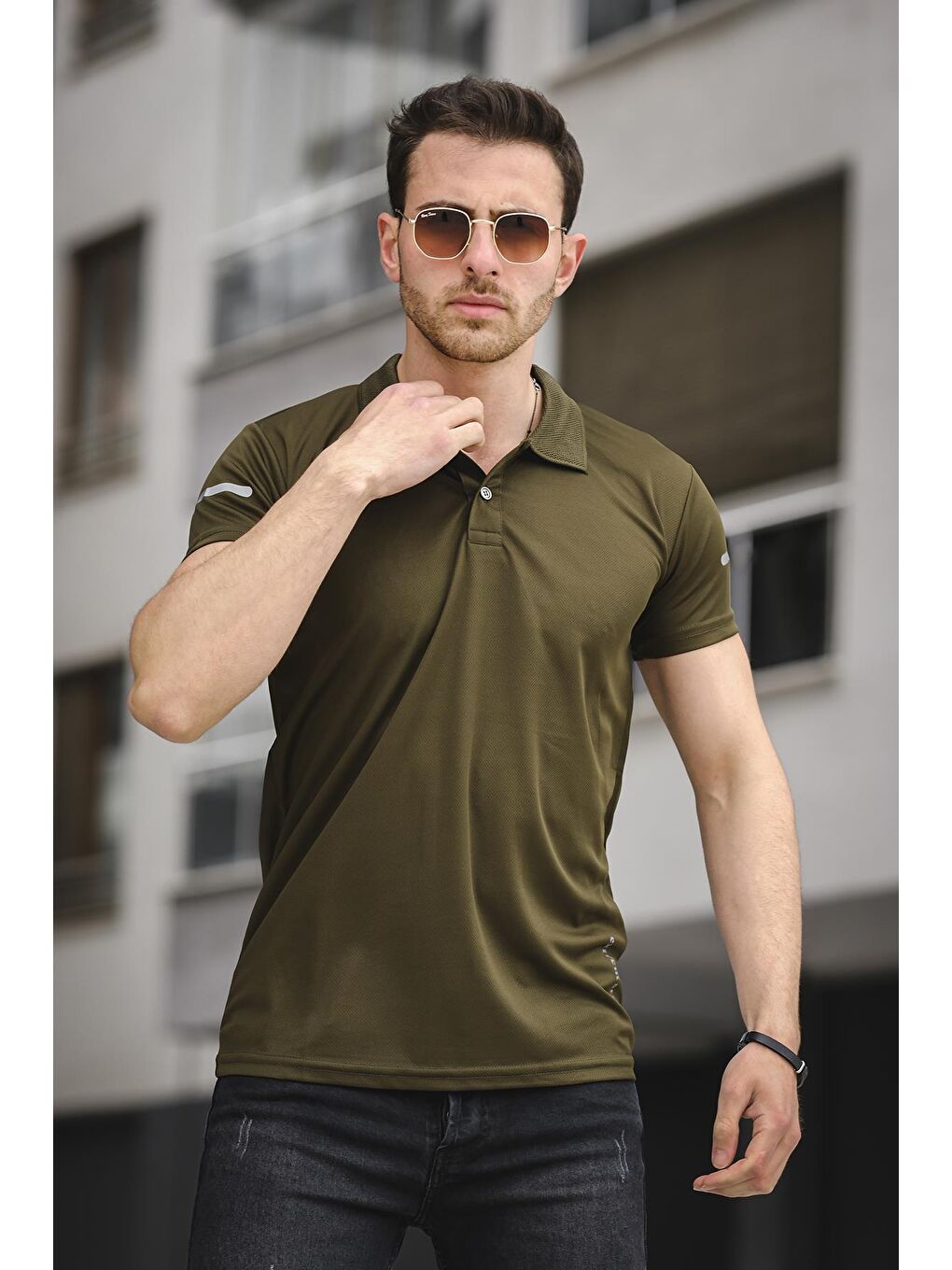 Haki Este Mikro Slim Fit Polyester Performans Antrenman Erkek Polo Yaka Tişört-1