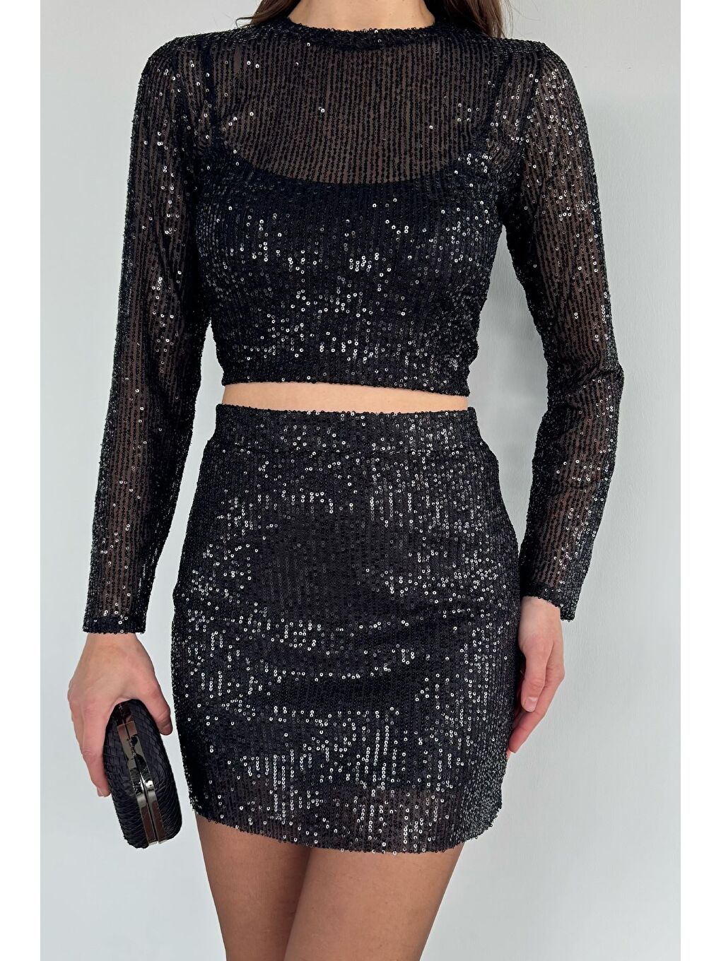 Siyah Kadın İç Astarlı Pul Payet Mini Etek-2