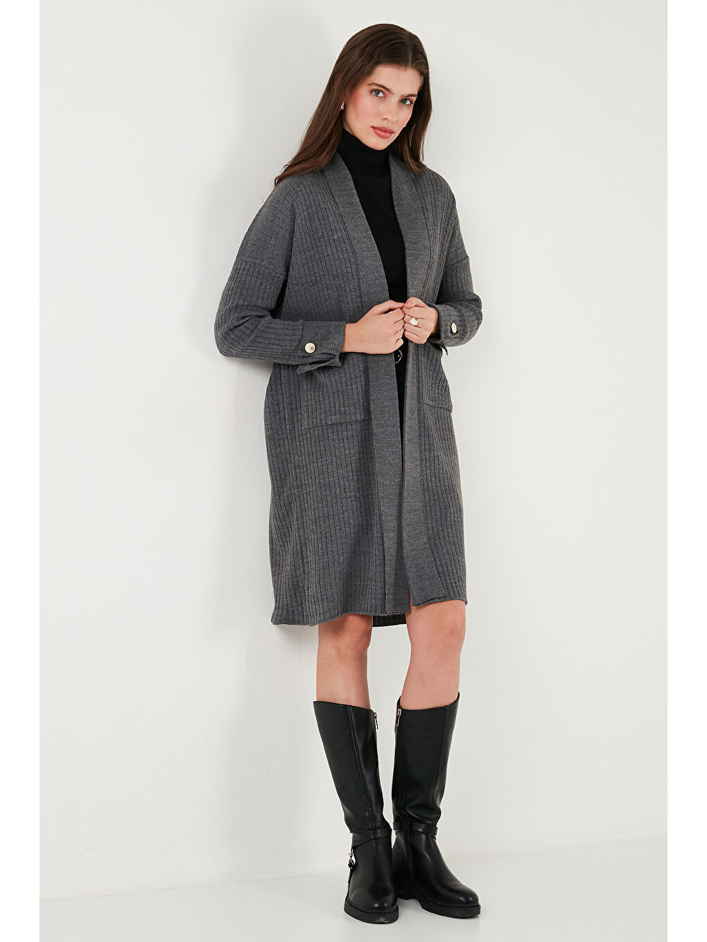 Antrasit % 100 Akrilik Triko Örme Uzun Kadın Hırka 4615212-4