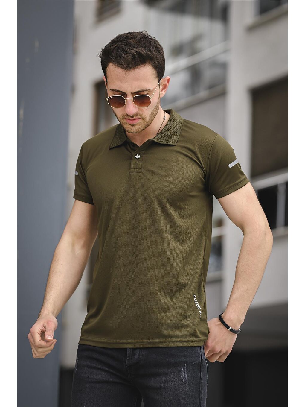 Haki Este Mikro Slim Fit Polyester Performans Antrenman Erkek Polo Yaka Tişört-2