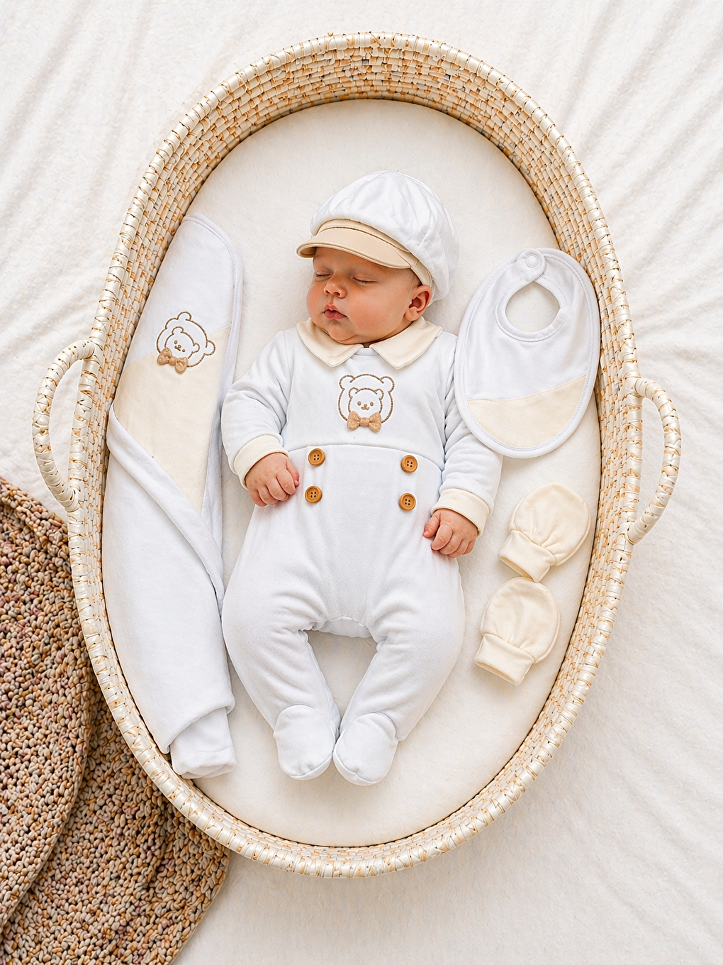 Mavi 5’li Hastane Çıkışı 0-3 Ay Pamuklu Erkek Bebek Seti Ayıcıklı Yenidoğan Tulumlu Battaniyeli-1