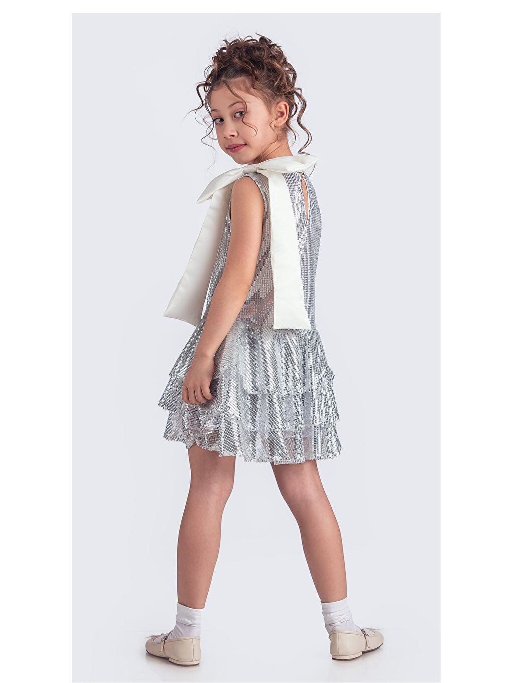 Gri Yaka Fiyonk Pul Payet Kumaşlı Kız Çocuk Abiye Elbise M00702-8