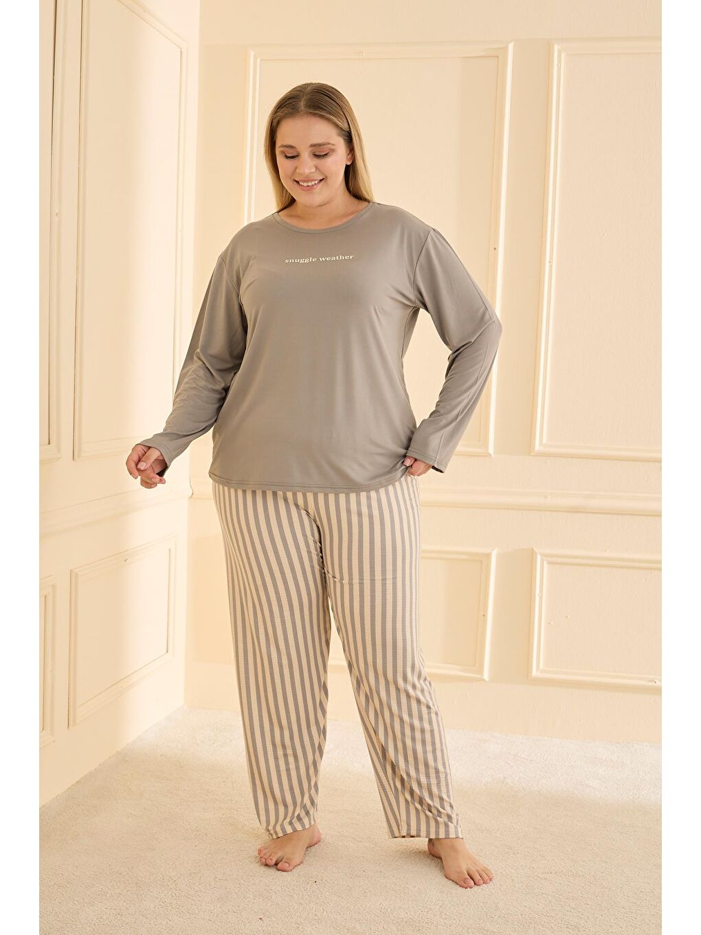 Kadın Milan Battal Bisiklet Yaka Pijama Takım | Gri 50802-2407