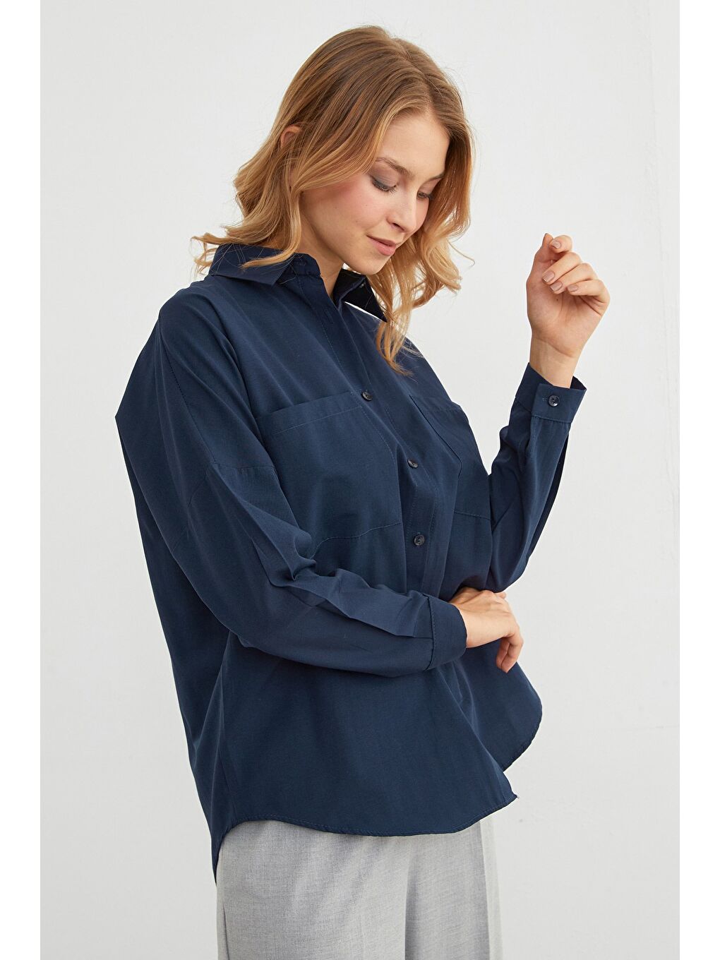 Lacivert Basic Çift Cepli Gömlek-3