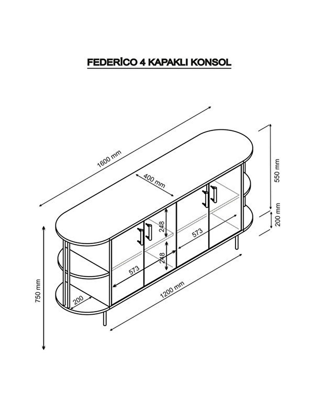 Kahverengi Federico 4 Kapaklı Raflı Konsol - Safir Meşe - 160 cm-6