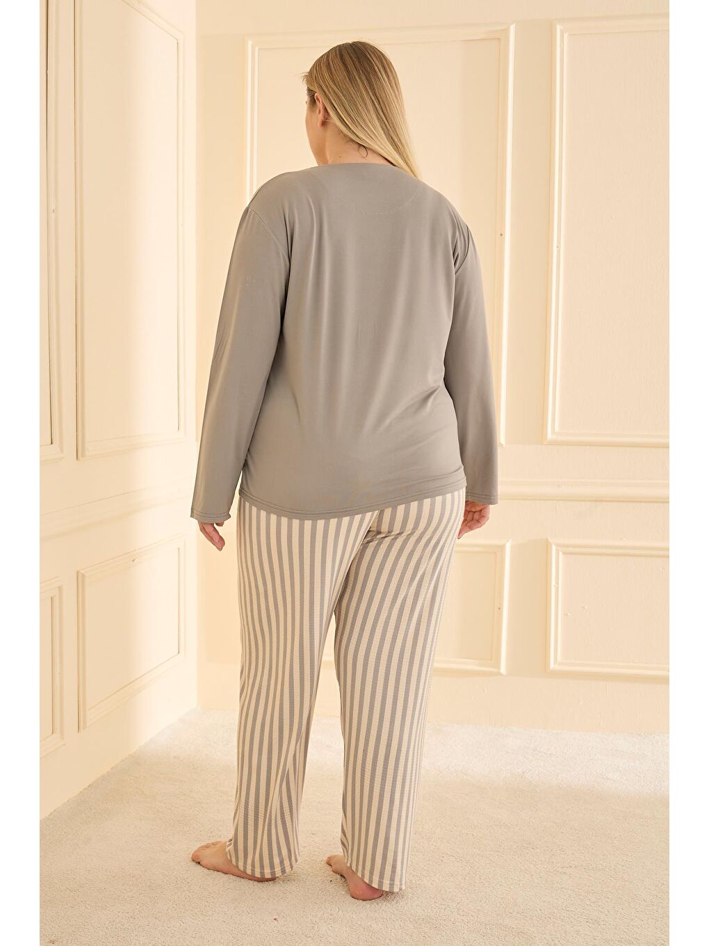 Kadın Milan Battal Bisiklet Yaka Pijama Takım | Gri 50802-2407-3