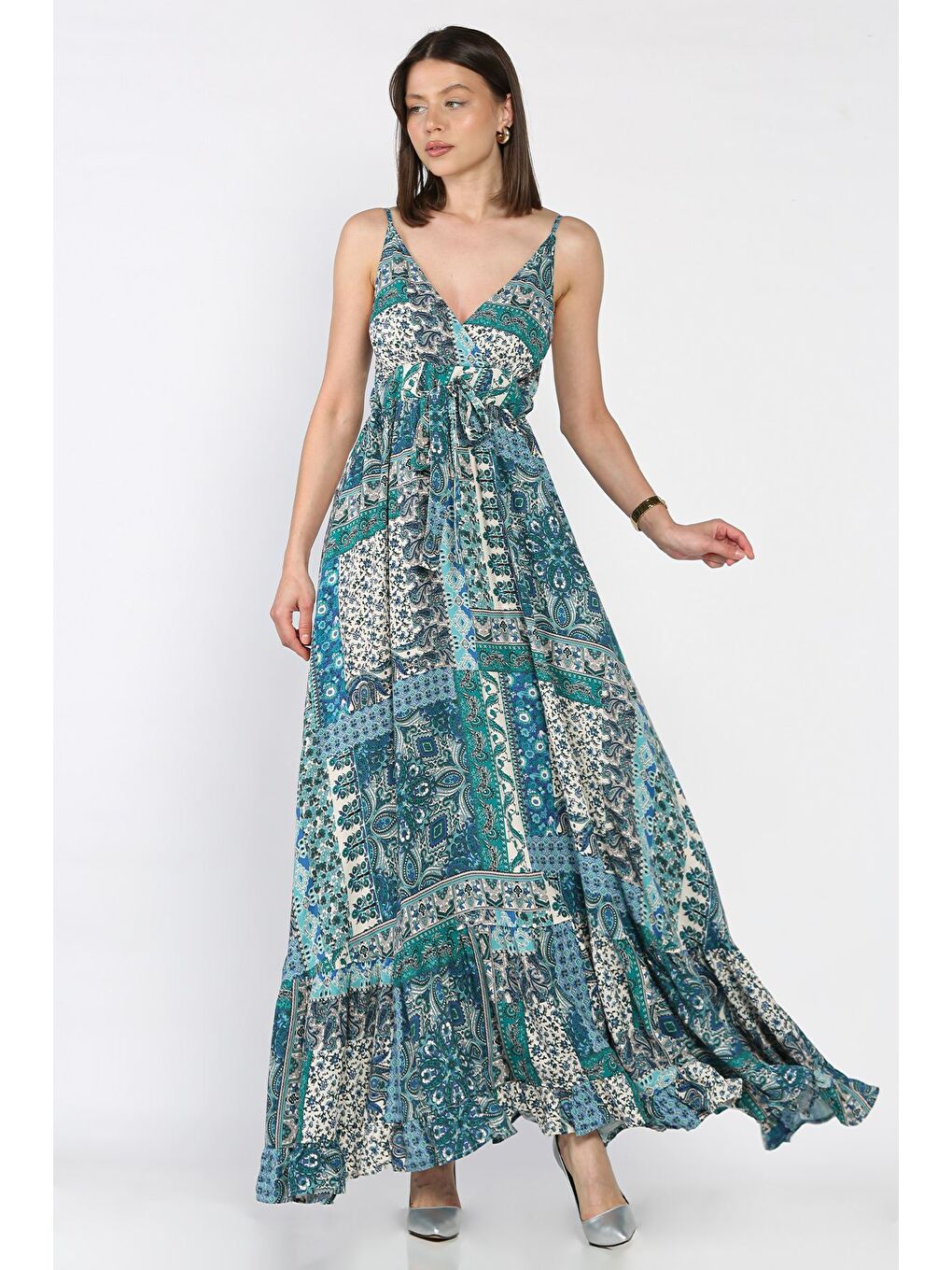 Yeşil İp Askılı Bel Bağcıklı Desenli Viskon Elbise