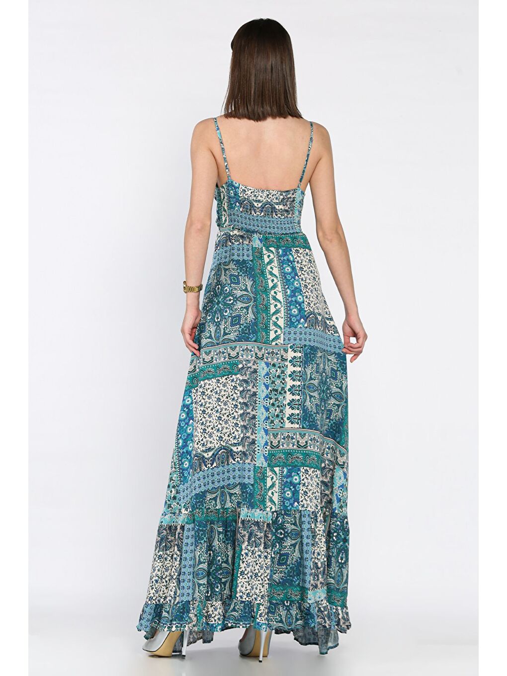 Yeşil İp Askılı Bel Bağcıklı Desenli Viskon Elbise-2