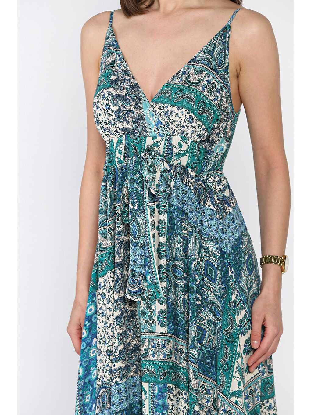 Yeşil İp Askılı Bel Bağcıklı Desenli Viskon Elbise-3