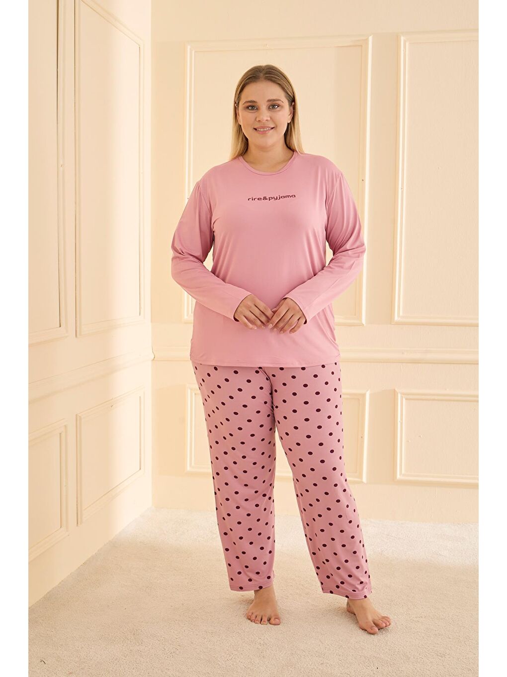 Pembe Kadın Milan Battal Bisiklet Yaka Pijama Takım | Pudra 50802-2423