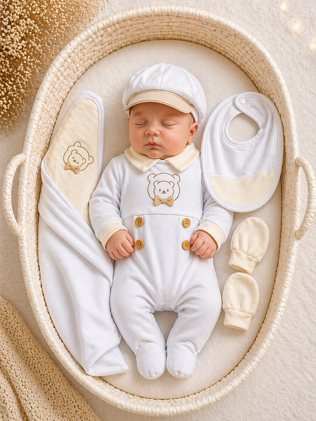 Mavi 5’li Hastane Çıkışı 0-3 Ay Pamuklu Erkek Bebek Seti Ayıcıklı Yenidoğan Tulumlu Battaniyeli-4