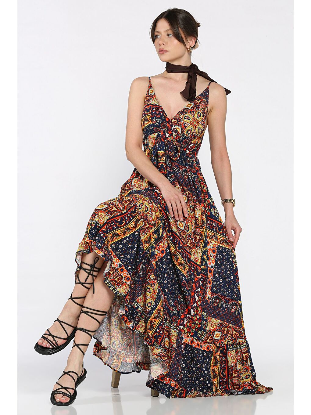 Lacivert İp Askılı Bel Bağcıklı Desenli Viskon Elbise